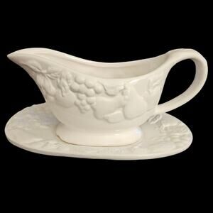 Gibson White Gravy Boat with Underplate Embossed Fruit & Vegetables